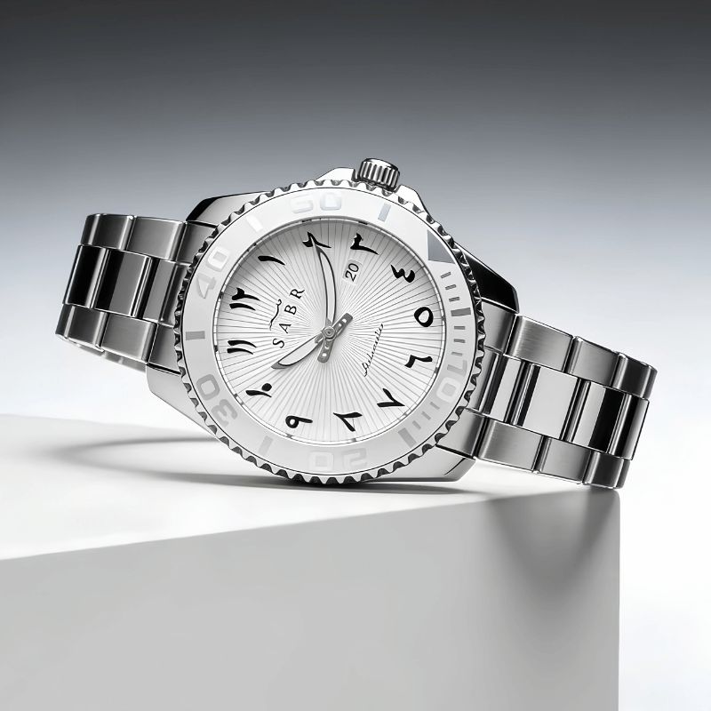 Sabr Arabic Dial Automatic Watch for Men – Eastern Arabic Numerals, White Dial, 41mm Stainless Steel | Khanjar Edition