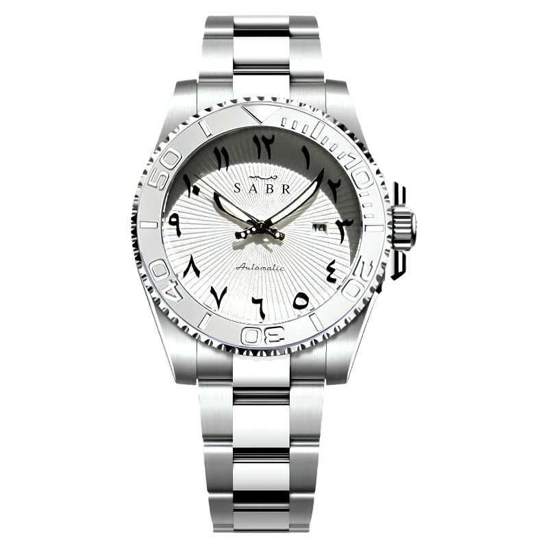Sabr Arabic Dial Automatic Watch for Men – Eastern Arabic Numerals, White Dial, 41mm Stainless Steel | Khanjar Edition